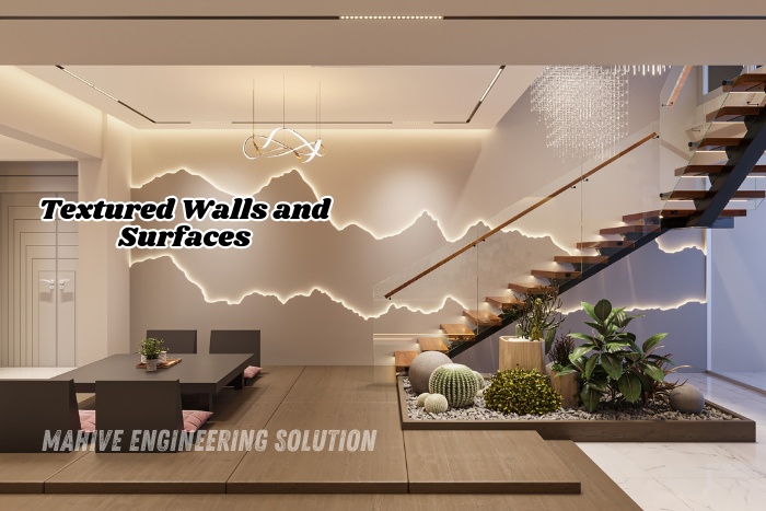 Mahive Engineering Solution in Washington showcases modern interior design with textured walls and surfaces creative lighting and elegant staircase